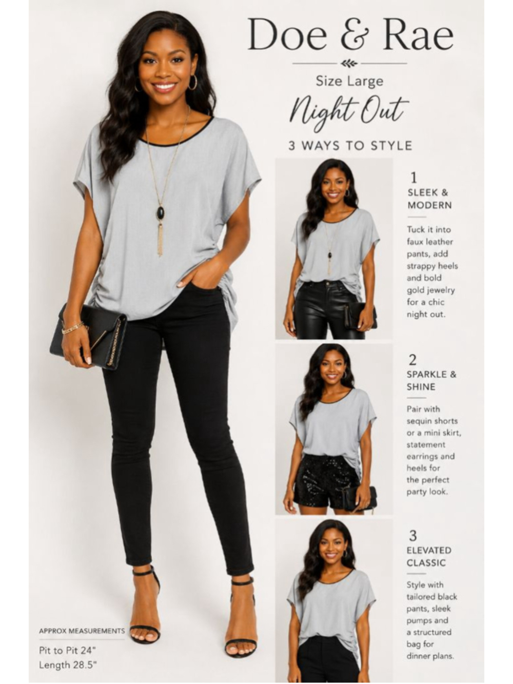 Doe & Rae Gray Ruched Side Blouse Top Large Dolman Sleeve Minimalist Night Out